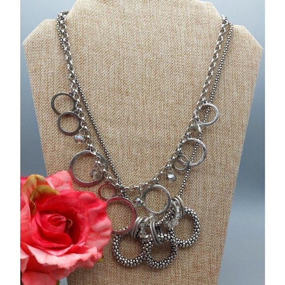 LOFT Antique Silver Tone Multi Strand Collar Bib Necklace Statement Crystal Bead - Picture 2 of 10